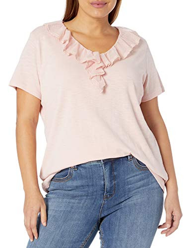 Chaps Women s Plus Size Ruffled Lace Collar Soft Cotton T Shirt  Primrose Pink  2X