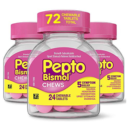 Pepto Bismol Chewables  3 Boxes of 24 Tablets  for Relief of Gas  Anti Diarrhea  Heartburn  Nausea  Upset Stomach  and Indigestion 72 Chews Total
