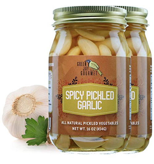 Green Jay Gourmet Pickled Garlic Cloves in a Jar - Spicy Pickled Garlic - Fresh Garlic Bulbs for Cooking - Simple  Natural Ingredients - Freshly Made - Subtly Infused  Pre-Prepared Garlic - 2 x 16 Ounce Jars