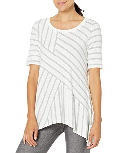 Calvin Klein Women s Telegraph Stripe Spliced Ballet Sleeve Sharkbite Hem Top  Pearl Grey Heather Combo  Medium