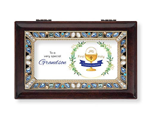 Roman Music Boxes - Grandson  First Holy Communion  Burled Wood Finish with Pearl Jeweled Insert Music Box  Wind Up Sankyo Musical Movement  Velvet Lining  Fits 5  W x 3  H Photo - Plays Clair de Lune Roman Music Boxes - Grandson  First Holy Communion  Burled Wood Finish with Pearl Jeweled Insert Music Box  Wind Up Sankyo Musical Movement  Velvet Lining  Fits 5  W x 3  H Photo - Plays Clair de Lune