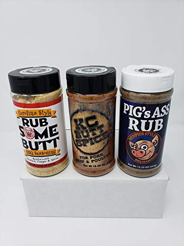Pork Butt Rub Gift Box - Rub Some Butt Carolina - KC Butt Spice Kansas City - Pig s Ass Memphis - Large 12-25 oz Bottles