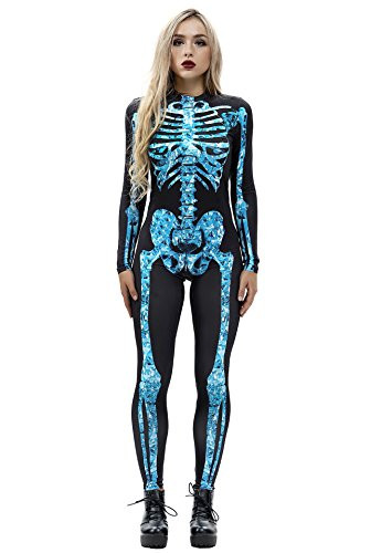 URVIP Women Halloween Skeleton Costume Stretch Skinny Catsuit Jumpsuit Bodysuit Color-BAX-011 L