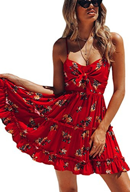 ECOWISH Womens Dresses Floral Spaghetti Strap Tie Knot Front Flowy Pleated Mini Swing Dress Red XL