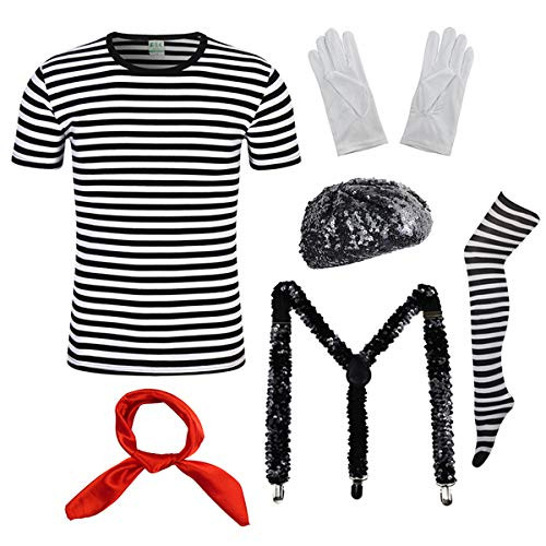 Womens Mime Artist Costume Set Black   White Silent Actor Dress Halloween Outfit X-Large  Stripe