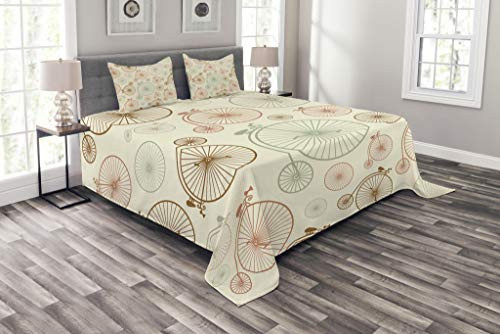 Lunarable Vintage Bedspread  Vintage Bicycles with Antique Wheels Indie Backdrop Classical Design Illustration  Decorative Quilted 3 Piece Coverlet Set with 2 Pillow Shams  Queen Size  Brown Cream