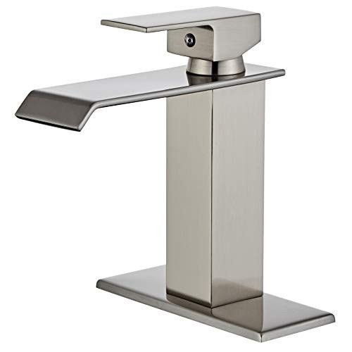 Wovier Brushed Nickel Waterfall Bathroom Sink Faucet with Supply Hose and Plate Single Handle Single Hole Lavatory Faucet Basin Mixer Tap Commercial