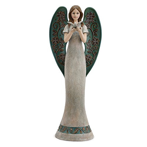 Napco Angel Holding Bird Floral Green Wings 8.5 x 18.5 Resin Stone Garden Figurine