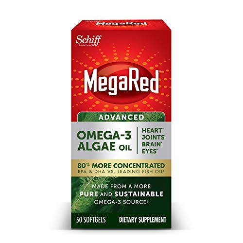 Omega-3 Advanced Algae Oil 600mg  MegaRed Softgels 50 Count in A Bottle  Omega-3s for Heart  Joints  Brain   Eye Health*  EPA  DHA  Algae Oil  Vegetarian