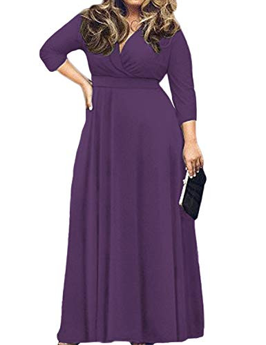 POSESHE Women s Solid V-Neck 3-4 Sleeve Plus Size Evening Party Maxi Dress Purple 3X-Large