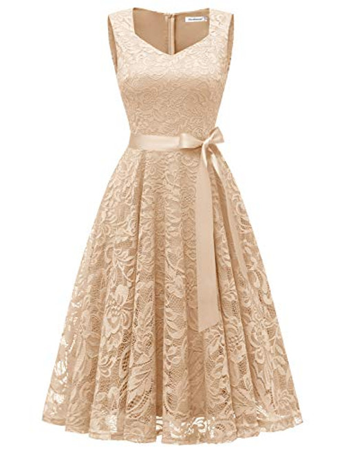 Gardenwed Womens Vintage Floral Lace Cocktail Formal Swing Dress Short V-Neck Bridesmaid Party Dress Champagne M Gardenwed Womens Vintage Floral Lace Cocktail Formal Swing Dress Short V-Neck Bridesmaid Party Dress Champagne M