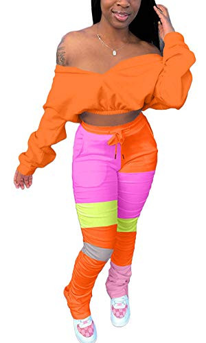 2 Piece Outfits for Women Stacked Pants Set Casual Tracksuit Long Sleeve Crop Tops Leggings Jumpsuits Orange