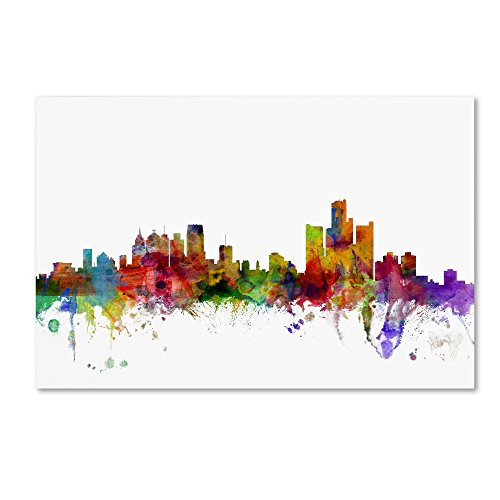 Trademark Fine Art Detroit Michigan Skyline by Michael Tompsett, 12x19-Inch Canvas Wall Art