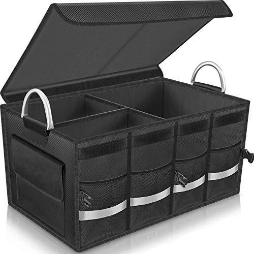 COCOBELA Car Trunk Organizer Trunk Storage  Heavy Duty Collapsible Durable Multi Compartments with Foldable Cover Aluminium Alloy Handle Reflective Strip