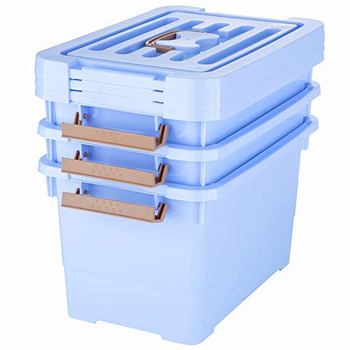 WYT Blue Plastic Storage Container Bins Set of 3  Modular Stackable Storage Box with Latching Handle and Lid  3 Pack  11 Quart
