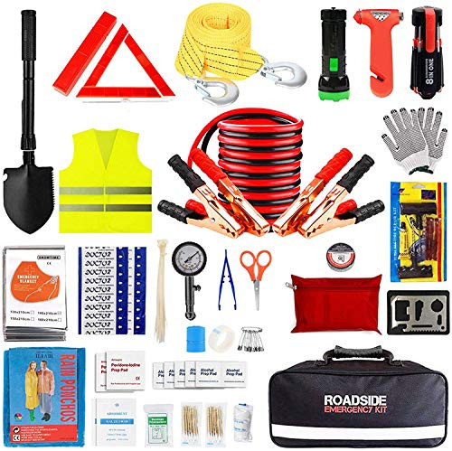 Car Emergency Kit Auto Roadside Assistance Safety Bag with Jumper Cable for Truck Automobile Vehicle with First Aid Kit Essential Winter Universal Road Tool Set for RV Jeep Travel with Blanket Shovel