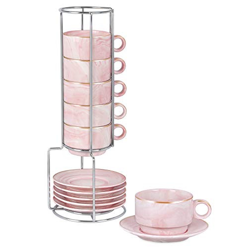 Espresso Mugs Set of 6 with Rack Marble Stackable Espresso Cups with Saucers and Metal Stand Demitasse Cups Designed for Espresso  Latte  Cafe  Mocha 3OZ Pink
