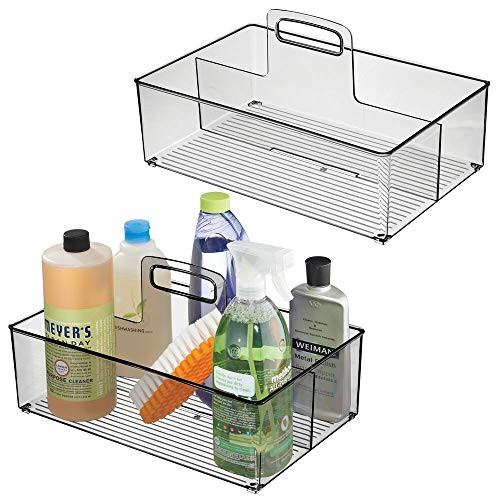 mDesign Plastic Portable Storage Organizer Kitchen Caddy Tote  Divided Basket Bin with Handle for Ketchup  Mustard  Napkins  Condiments  Sauces - Store in Cabinets  Countertops  2 Pack - Smoke Gray