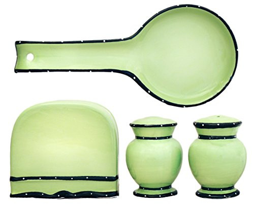 ACK Tuscany Hand Painted Ruffle 4pc Stove Top Set  Napkin  Salt  Pepper and Spoon Rest  Your Choice of Color Green