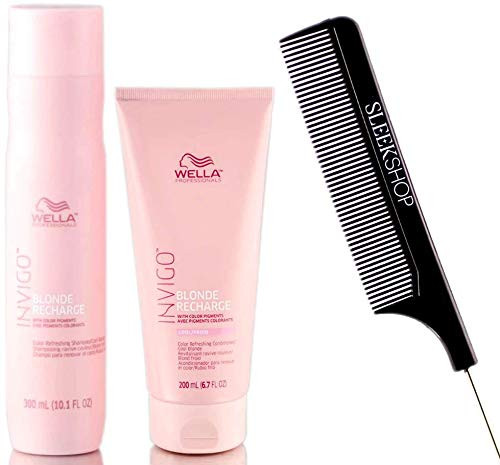 Wella Invigo BLONDE RECHARGE Shampoo   Conditioner with Color Pigments for COOL BLONDE DUO KIT with Sleek Steel Pin Tail Comb 10-1 oz - 6-7 oz DUO SET