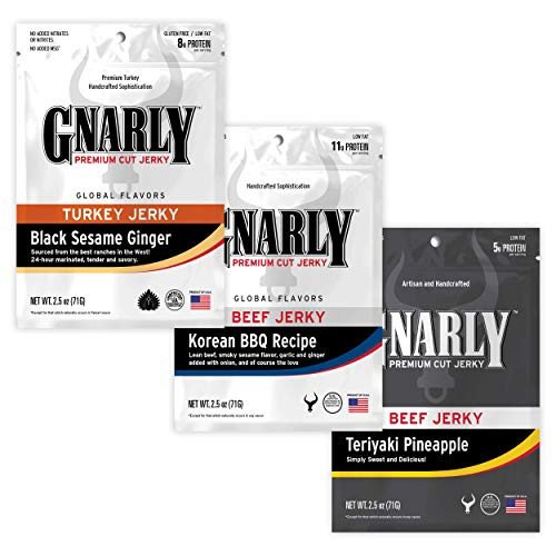 GNARLY Jerky Premium Cut Beef Jerky Black Sesame Ginger Turkey Korean BBQ Beef and Teriyaki Pineapple Flavors 2-5 Ounce Bag 3-Pack GNARLY Jerky Premium Cut Beef Jerky Black Sesame Ginger Turkey Korean BBQ Beef and Teriyaki Pineapple Flavors 2-5 Ounce Bag 3-Pack