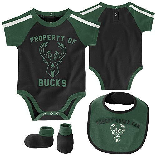 Outerstuff NBA Newborn Infants Rebound 3 Piece Creeper  Bib and Bootie Bodysuit Set 3-6 Months  Milwaukee Bucks