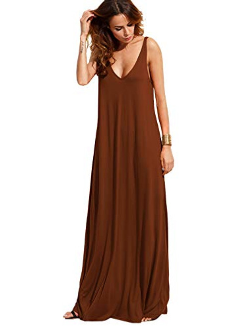 Verdusa Women s Casual Sleeveless Deep V Neck Summer Beach Maxi Long Dress Brown L