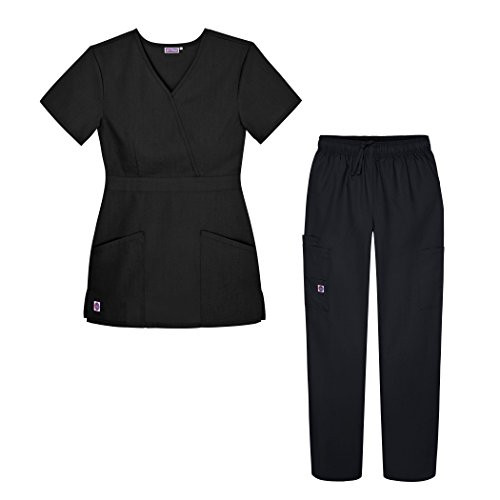Sivvan Women s Scrub Set - Multi Pocket Cargo Pants   Stylish Mock Wrap Top - S8401 - Black - 2X