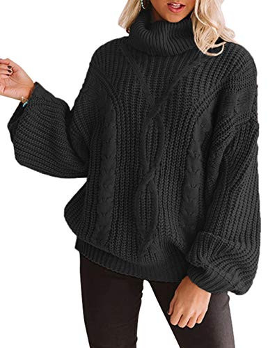ZESICA Women s Long Sleeve Turtleneck Chunky Knit Loose Oversized Sweater Pullover Jumper Tops Black