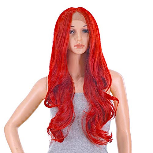 SWACC Long Curly Wavy Colored Glueless Lace Front Wigs for Women Middle Part Natural Heat Resistant Synthetic Hair Replacement Wig Red
