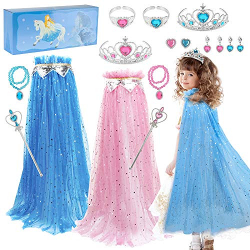 Fedio Girls Princess Cape Set 14 Pieces Princess Dress up Trunk Costume Set with Princess Cape  Princess Tiara Crown  Princess Wand  Necklace and Accessories for Little Girls Dress up