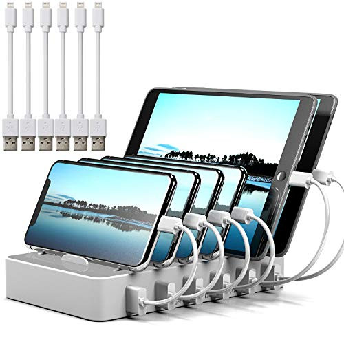 Charging Station for Multiple Devices MSTJRY 6 Port White USB Charging Dock & Organizer Stand Station for Smart Phones Tablets (6 Cables Included)