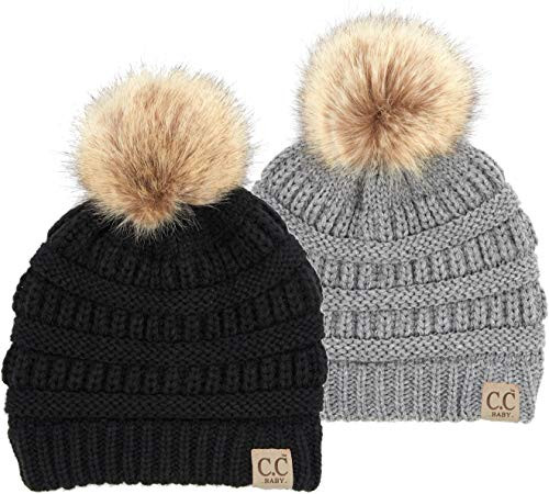 Funky Junque Baby-Infant Beanie Bundle  Faux Fur Pom Black   Heather Grey