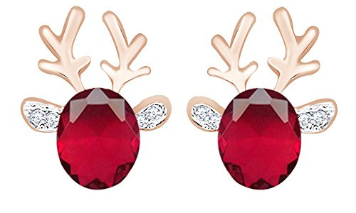 Simulated Ruby Reindeer Stud Earrings 14K Rose Gold Over Sterling Silver