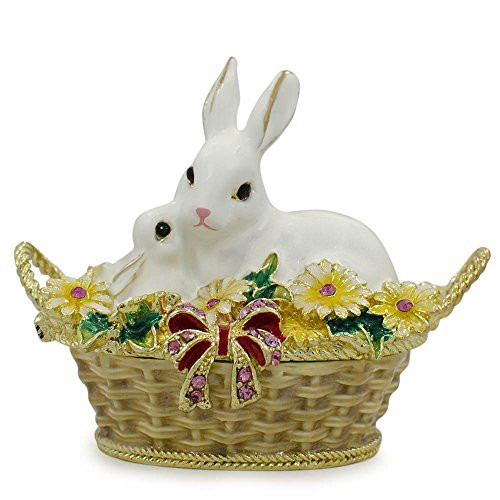 BestPysanky White Bunny Family in Easter Basket Trinket Box Figurine 2-5 Inches