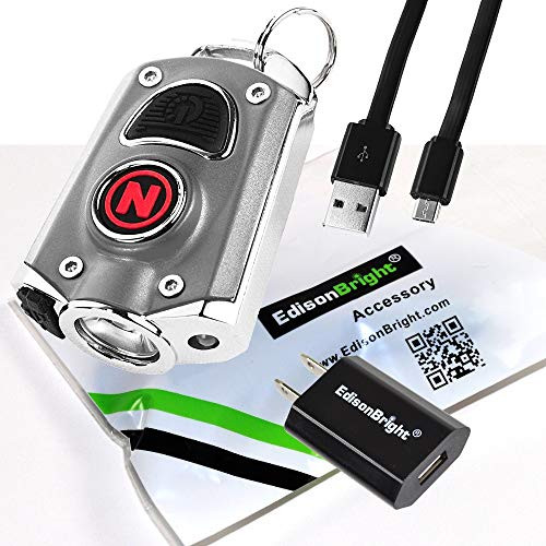 NEBO Mycro 400 Lumen USB Rechargeable Keychain-Key Ring Pocket Flashlight EDC 6714 with EdisonBright USB charging Adapter Bundle Silver