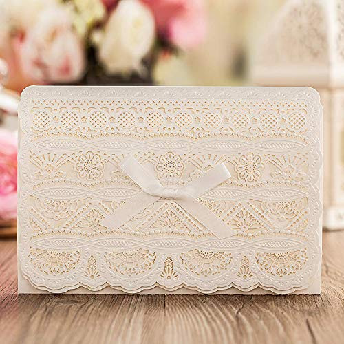 Laser Cut Wedding Invitation Card with Bow Lace Design 50PCS Blank Invites for Birthday Bridal Shower Marriage Engagement (50 Pieces)