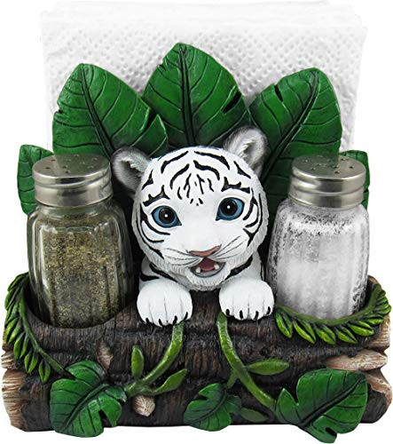 DWK Animal Napkin and Salt and Pepper Holder   Napkin Holders for Tables   Napkin Holders for Kitchen   Kitchen Table Decor   Salt and Pepper Shaker   Kitchen Decor -White Tiger