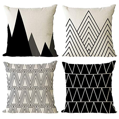 YeeJu Set of 4 Geometric Black and White Decorative Throw Pillow Covers Cotton Linen Square Cushion Covers Outdoor Couch Sofa Home Pillow Cases 26x26 Inch