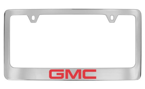 GMC Logo License Plate Frame Holder 2 Hole   Bottom Engraved Wide  Chrome Frame   Red Imprint
