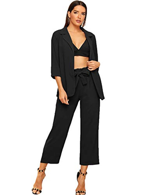 SheIn Women s 2 Piece Outfit Notched Neck 3-4 Sleeve Blazer and Wide Leg Belted Pants Set Black Large