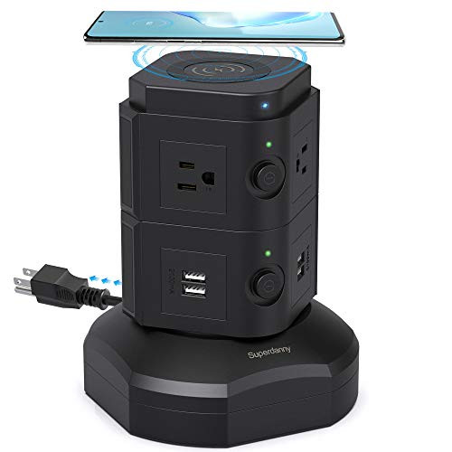 SUPERDANNY Power Strip Tower with 10W Wireless Charger  Spin Standing Surge Protector 13A Vertical Charging Station with 6 AC Outlets4 USB Ports and 6-5ft Extension Cord for Home Office Garage  Black