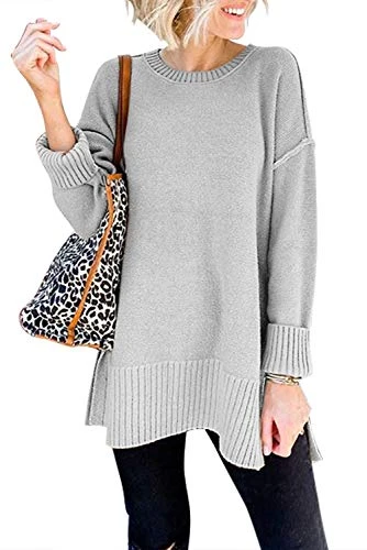 MEROKEETY Women s Casual Crew Neck Side Split Pullover Sweater Loose Long Sleeve Jumper Top  LightGrey  M