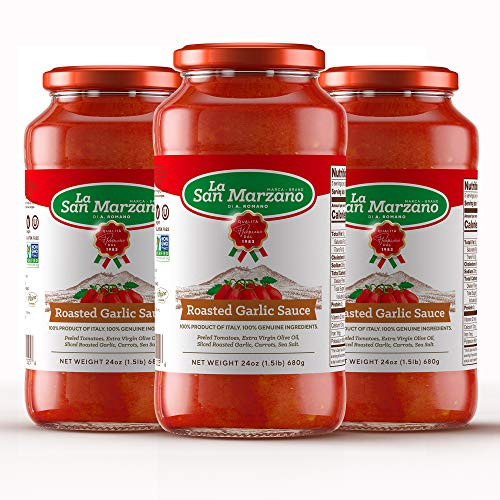 Roasted Garlic Pasta Sauce La San Marzano 100 Product of Italy 24 Ounce Jars - 100 Genuine Ingredients With San Marzano Tomatoes DOP Quality Pack of 3 Roasted Garlic Pasta Sauce La San Marzano 100 Product of Italy 24 Ounce Jars - 100 Genuine Ingredients With San Marzano Tomatoes DOP Quality Pack of 3