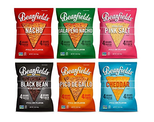 Beanfields Bean Chips  High Protein and Fiber  6 Flavor Variety Pack  Nacho  Jalapeno Nacho  Himalayan Pink Salt  Black Bean  Pico de Gallo  Cheddar Sour Cream  1-5 Ounce Pack of 24