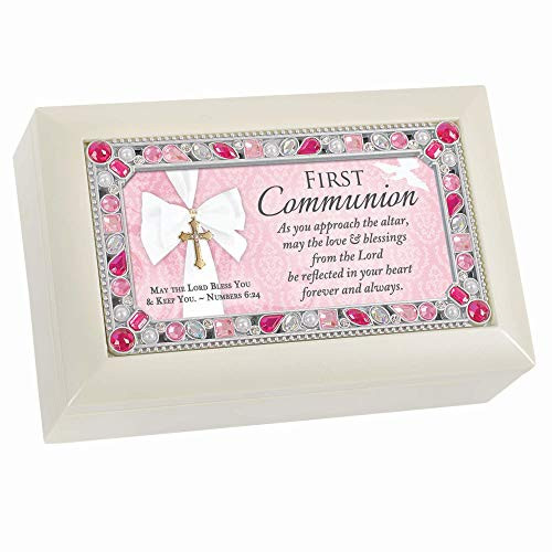 Cottage Garden First Communion Love Blessings from Lord Ivory Pink Jeweled Petite Music Box Plays Jesus Loves Me