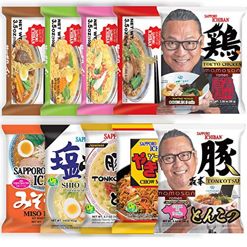 Sapporo Ichiban Variety Flavors Mix Packs Instant Ramen  Original  Beef  Chicken  Shrimp  Tonkotsu  Yakisoba  Miso  Shio  Momosan Chicken  and Momosan Tonkotsu Noodle Soup Pack of 10
