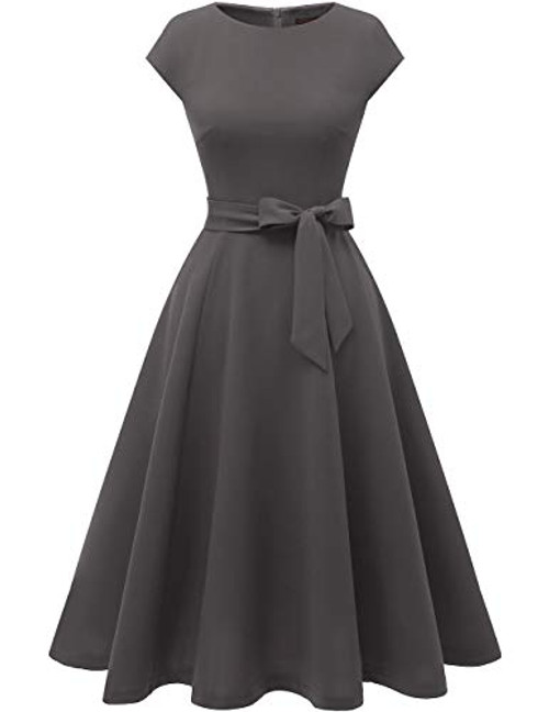 DRESSTELLS Women s Prom Tea Dress Vintage Swing Cocktail Party Dress with Cap-Sleeves Darkgrey L