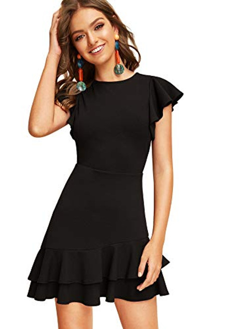 Floerns Women s V Back Inslace Layered Ruffle Hem Flutter Sleeve Dress Black M