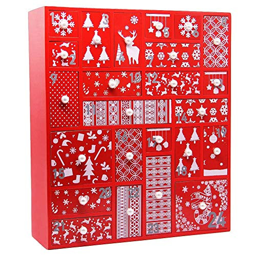 Juegoal Red Advent Calendar with 24 Drawers Countdown to Christmas  Refillable Wooden Advent  15 Inches Tall